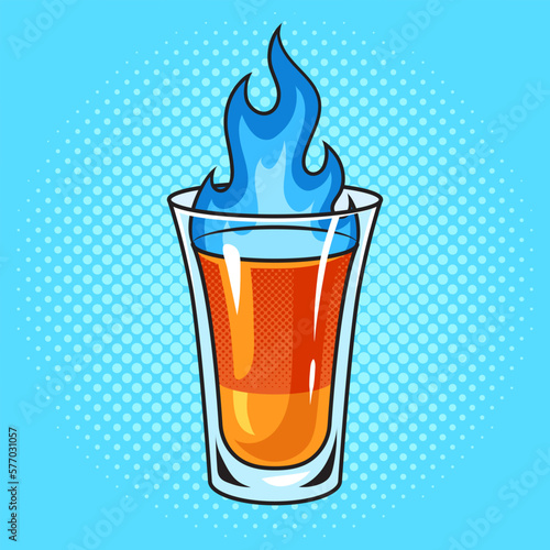 burning cocktail drink shot pinup pop art retro vector illustration. Comic book style imitation.