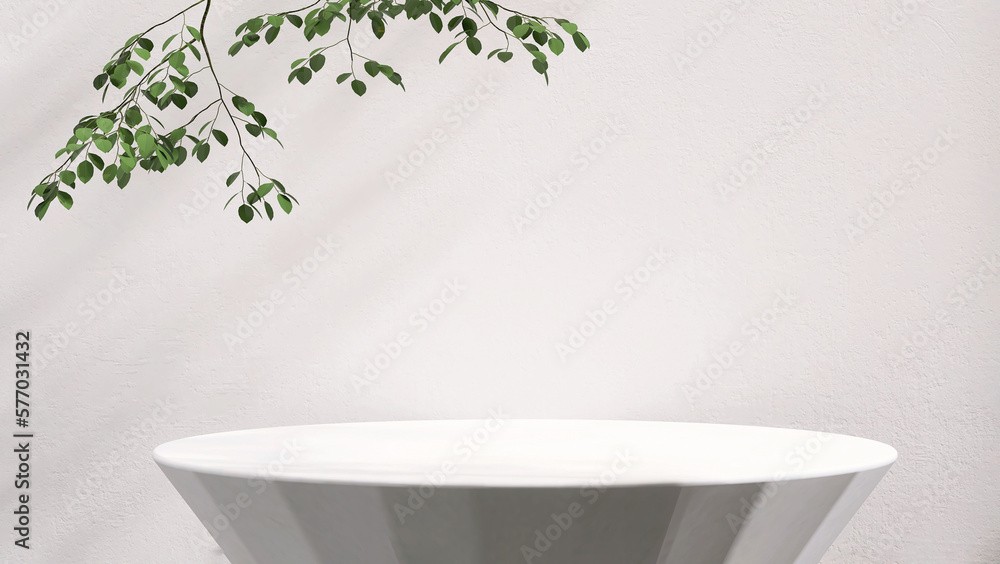 Empty modern glossy white round podium table in tropical tree dappled sunlight, leaf shadow on white wall for luxury organic cosmetic, skincare, beauty treatment nature product display background 3D Empty modern glossy white round podium table in tropical tree dappled sunlight, leaf shadow on white wall for luxury organic cosmetic, skincare, beauty treatment nature product display background 3D