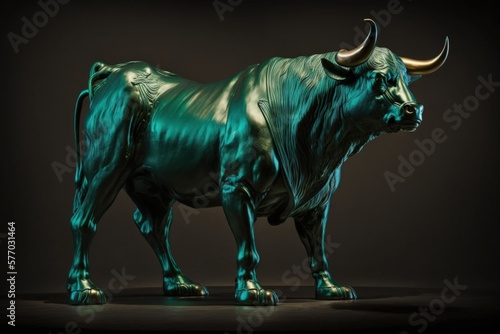 A bull statue  painted a deep green color. Excellent bull sculpture casting with dramatic lighting to indicate market patterns being scrutinized. CG. Generative AI