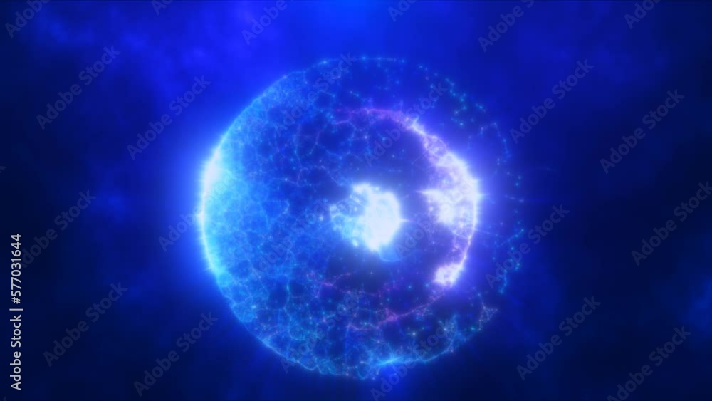 Abstract round blue and purple sphere made of flying particles glowing energy scientific futuristic atom molecule hi-tech background. Video 4k, motion design Abstract round blue and purple sphere made of flying particles glowing energy scientific futuristic atom molecule hi-tech background. Video 4k, motion design