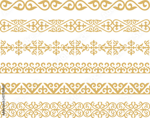 Set of vector gold seamless Kazakh national ornament. Ethnic pattern of the nomadic peoples of the great steppe, the Turks. Border, frame Mongols, Kyrgyz, Buryats, Kalmyks..