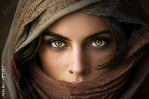 Beautiful Arab or oriental girl with head covered, blue eyes and a mysterious look. Created with Generative AI technology. photo