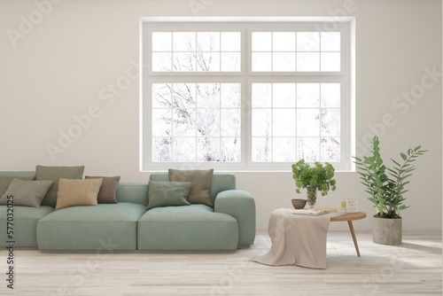 White living room with sofa and winter landscape in window. Scandinavian interior design. 3D illustration