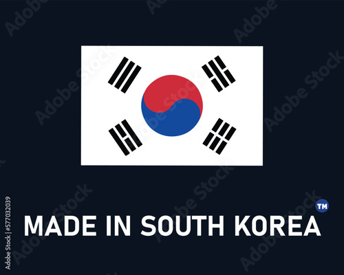 Made in South Korea sign with their country flag design. isolated on dark background.