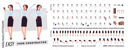 Businesswoman character easy pose constructor. Office girl drag, drop set, female assistant body match, secretary figure building. Vector flat style cartoon construction kit isolated, white background