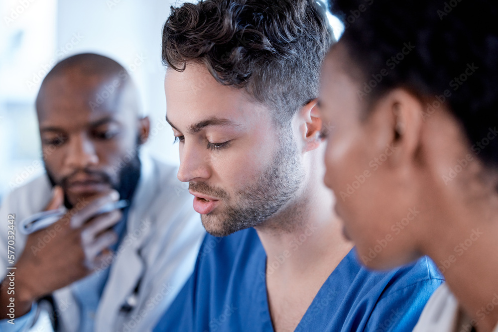 Fototapeta premium Planning, discussion and team of doctors meeting for healthcare brainstorming, teamwork and research analysis. Diversity people, medical professional or nurses talking or manager speaking of results