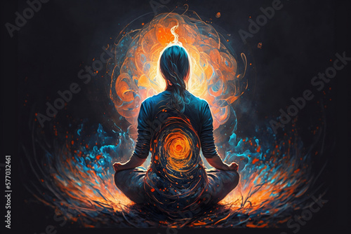 Woman sits in lotus pose, Woman meditating in a lotus pose, emitting energy, Generative AI