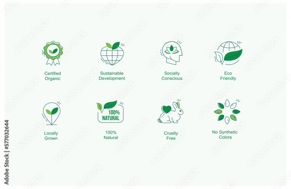 Collection of linear icons or badges for eco-friendly products, organic cosmetics, and vegan. Vegetarian food isolated on white background. Vector icons in line art style.