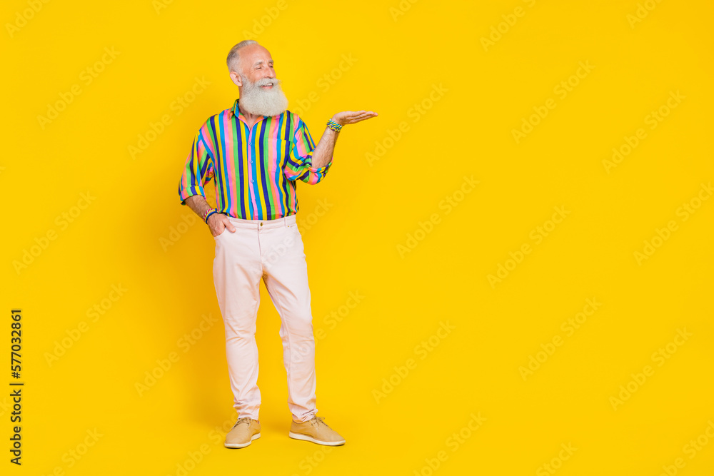 Portrait of positive old man long beard wear colorful shirt white pants palm demonstrate empty space isolated on yellow color background Portrait of positive old man long beard wear colorful shirt white pants palm demonstrate empty space isolated on yellow color background