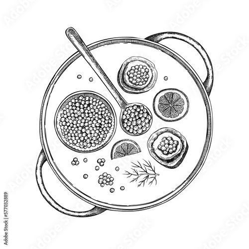 Hand-drawn tray with canned caviar, red caviar canape, lemons and dill illustrations. Finger food sketches set. Seafood delicacy drawings in sketched style isolated on white background