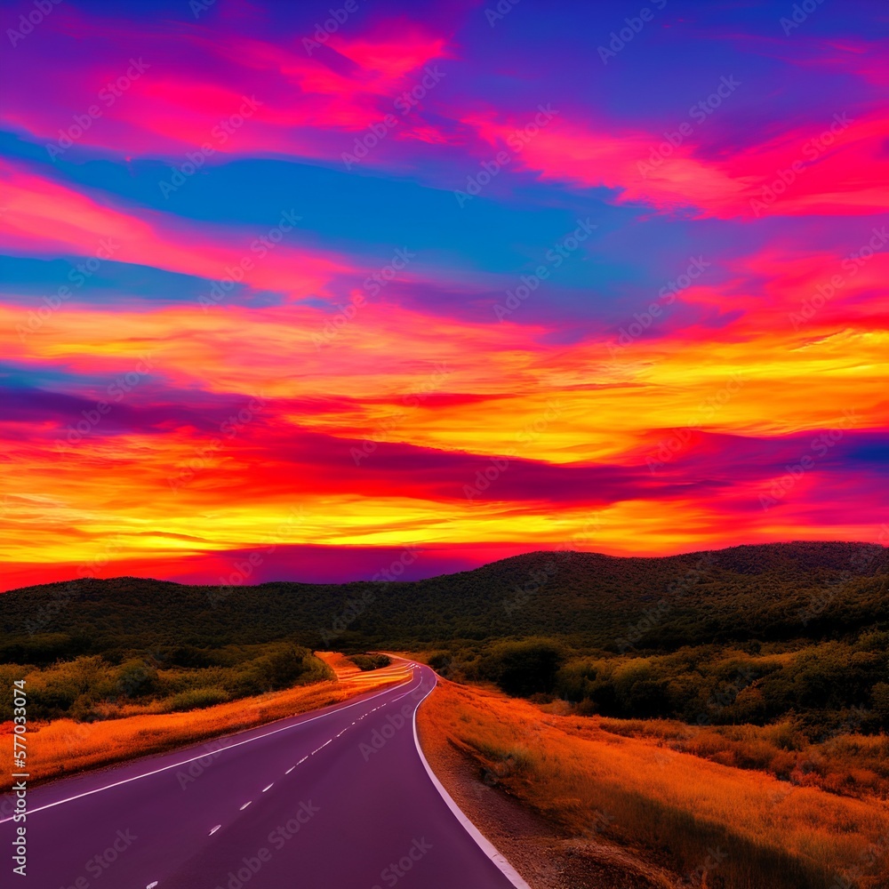 highway landscape at colorful sunset - generative ai