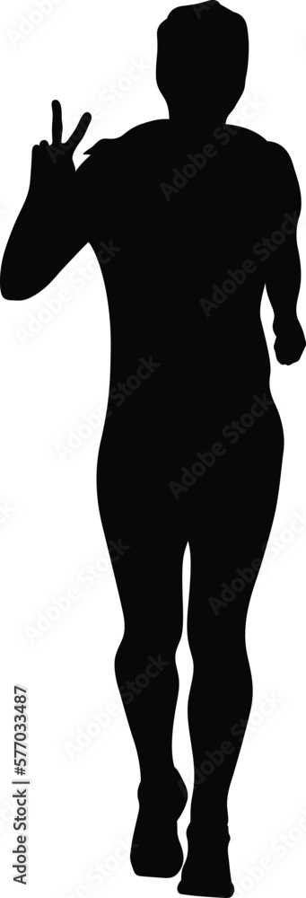 female runner show hand peace sign black silhouette female runner show hand peace sign black silhouette