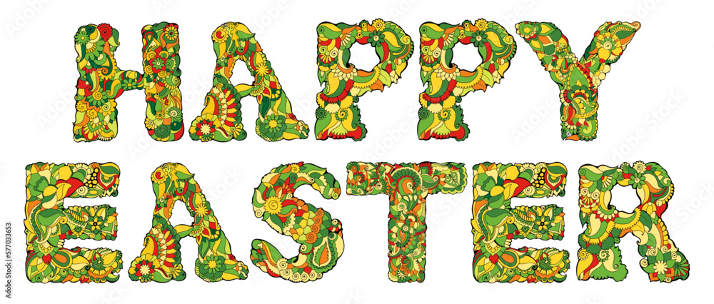 Naklejka premium Hand-drawn vector drawing of Happy Easter, covered with spring floral texture.