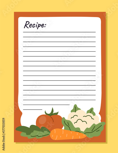 Cooking note concept. Place to write down recipe. Paper sheet with drawings of vegetables. Tomato, carrots and cabbage. Idea and ingredients for preparation. Cartoon flat vector illustration