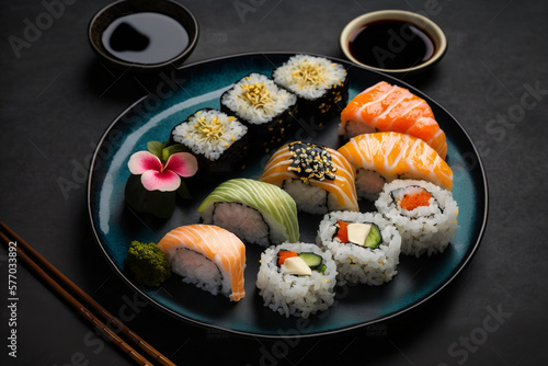 Sushi roll set on plate, Sushi Roll on Plate, Generative AI