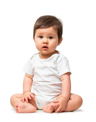 Cute baby in white onesie on transparent background