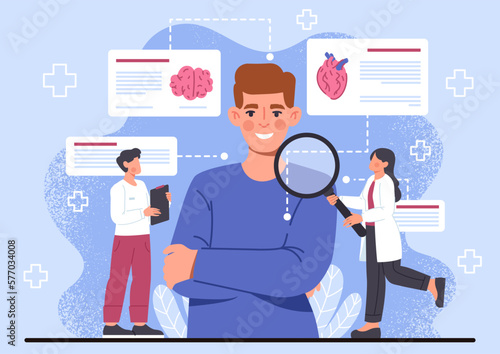 Physical assessment concept. Man and woman with magnifying glass evaluate young guy, state of brain and heart. Regular check up and diagnosis. Cartoon flat vector illustration