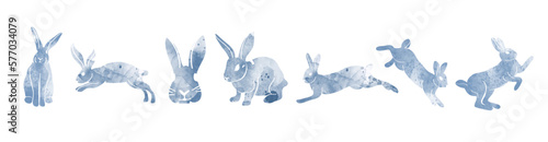 Watercolor style blue rabbit silhouette illustration set.