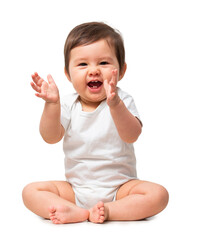 Cute baby in white onesie on transparent background
