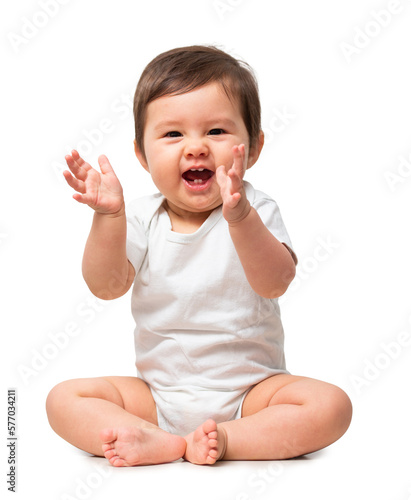 Cute baby in white onesie on transparent background