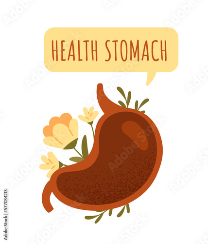 Health stomach concept. Biology and anatomy. Infographic element. Gastroenterology and health care, regular check ups. Gastro abdomen organ. Cartoon flat vector illustration