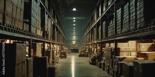Maximizing Space and Efficiency, Large, Long Warehouse with Cardboard Boxes, Generative AI