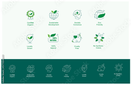 Collection of linear icons or badges for eco-friendly products, organic cosmetics,vegan and vegetarian food isolated on white background. Vector icons in line art style.