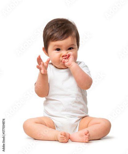 Cute baby in white onesie on transparent background