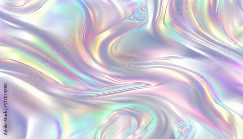 Seamless trendy iridescent rainbow foil texture. Soft holographic pastel unicorn marble background pattern. Modern pearlescent blurry abstract swirl illustration. Generative AI photo