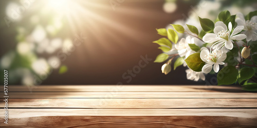 Empty table for product display with flower spring blur background. Generative AI