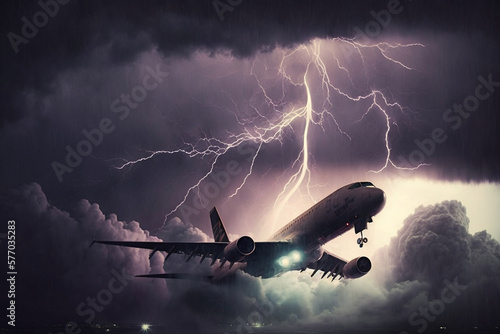 Plane takes off during thunderstorm, Passenger plane hit by lightning during takeoff in thunderstorm, Generative AI