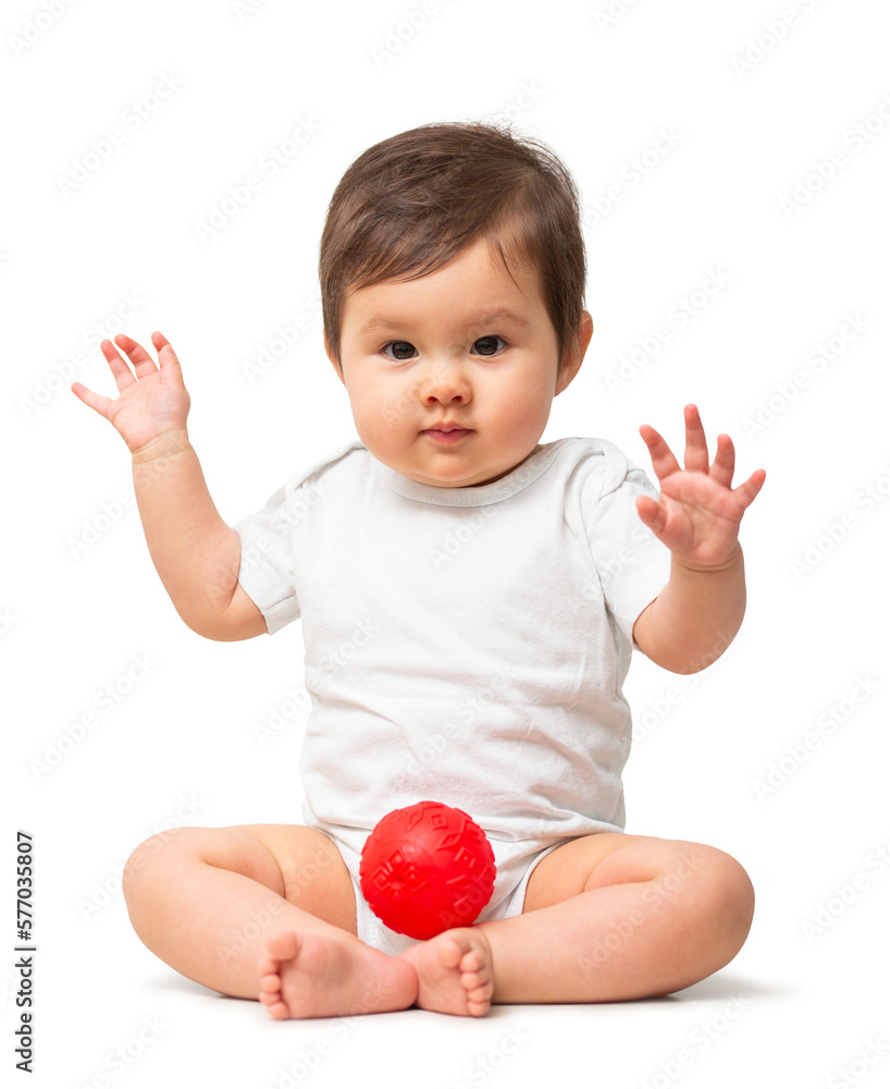 Cute baby in white onesie with red ball on transparent background Cute baby in white onesie with red ball on transparent background