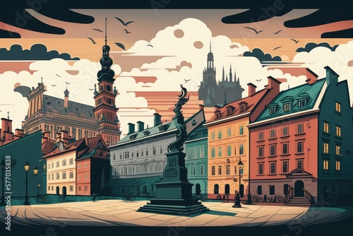 Cloudy day panorama of Warsaw's historic district. Generative AI