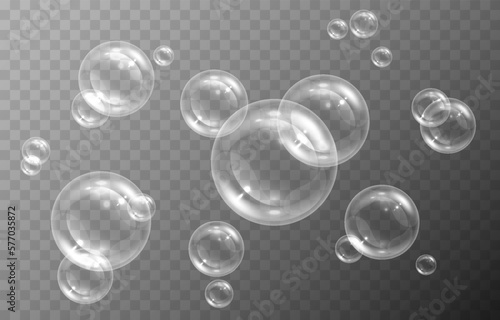 Soap bubbles on an isolated transparent background. Soap bubbles png. Soap, detergent, shampoo. Vector illustration.