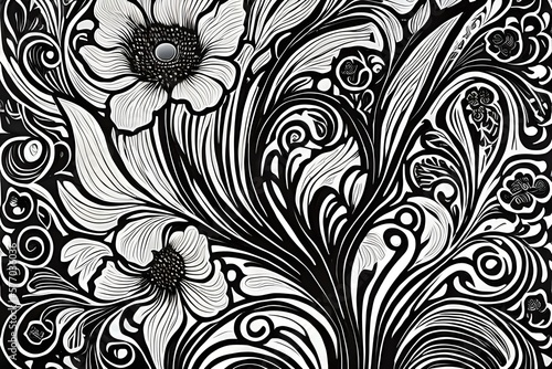 Hand drawn black and white monochromatic floral background. Generative AI