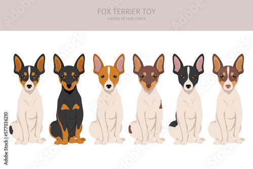 Fox terrier toy clipart. Different poses, coat colors set