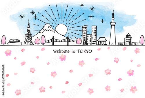 手書きの東京の観光地の街並みスカイラインと桜