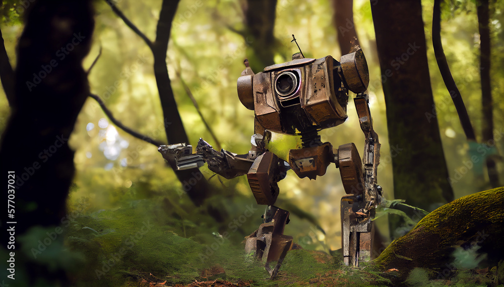Rusty abandoned robot stands in the forest, Generative AI Rusty abandoned robot stands in the forest, Generative AI