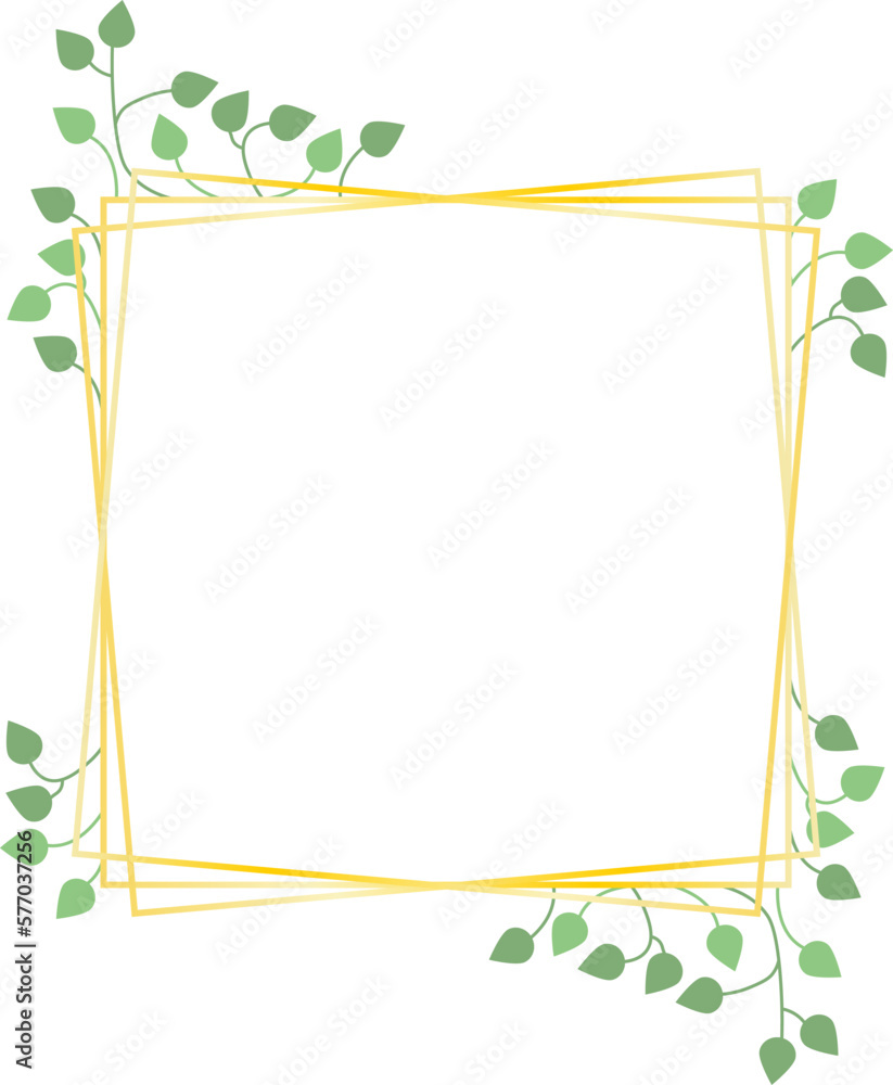 Square frame, golden lines and leaves, vector. Frame of golden squares and green leaves.