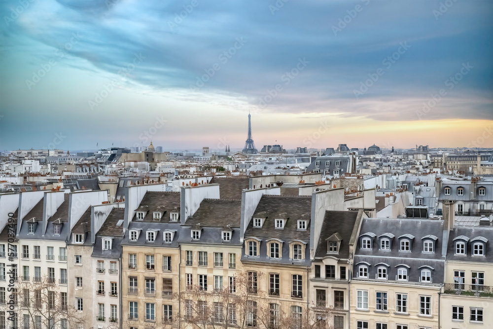 Paris, typical roofs with the Eiffel tower