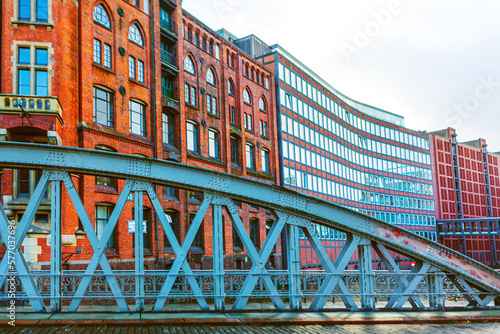 Red brick architecture and bridge in Hamburg Germany © russieseo