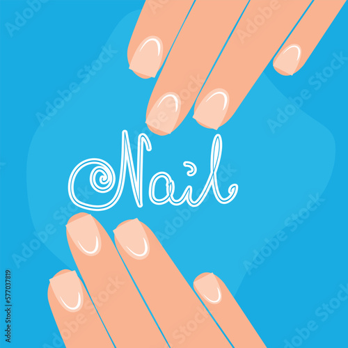 Trendy lipgloss nails manicure on female fingers. Nail salon business