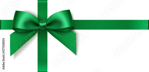 Decorative white gift card design template with green bow and vertical and horizontal ribbon isolated on white. St Patrick's day holiday element. Vector stock illustration.