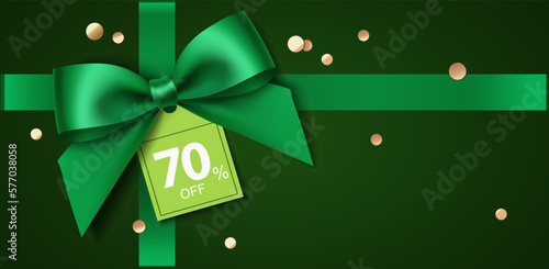 St Patrick's day gift card design template. Green bow and ribbon with price tag. Green background with gold coins. Vector stock illustration.