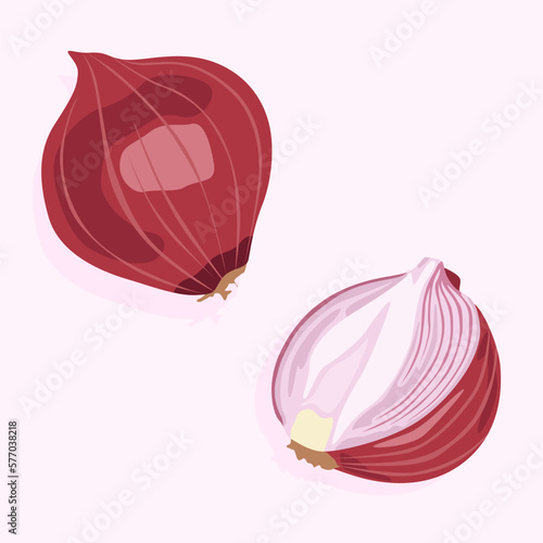 Unpeeled red onion and its peeled half. Food icons set. Vegetables for a healthy diet. Natural product.