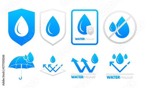 Waterproof icon. Water resistant icons for package. Water drop protection concept. Logo isolated on white background. Vector illustration.