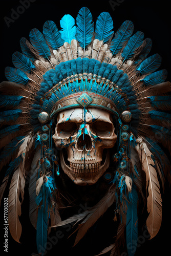 A skull wearing an indian headdress. Generative AI