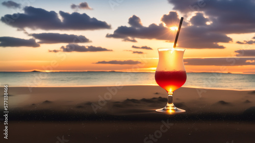 Summertime! Cocktail time! A red cocktail on the beach at sunset / Perfect as a header, banner or wallpaper / Plenty of space for text / Copy Space / Blank Text / Decoration