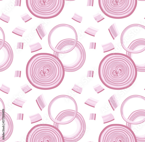 Onion rings of various shapes and sizes, and diced onion parts. Pattern with food. Seamless pattern in vector. Suitable for printing, backgrounds and prints.