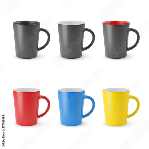 Illustration of Six Realistic Empty Ceramic Coffee Cup or Tea Mug on a White. Mockup with Shadow Effect, and Copy Space for Your Design. For Web Design, and Printing